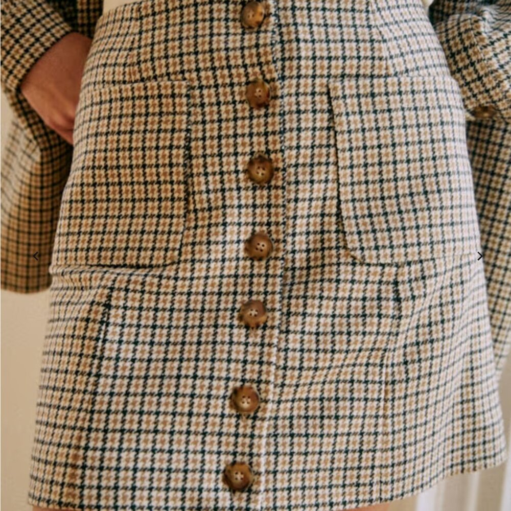 Sezane - Nehir Skirt  - Navy ochre houndstooth